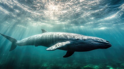 Fototapeta premium Close-up of Omura's whale's sleek body just below the surface, shimmering under sunlight