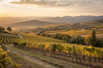 Naklejka premium Golden Hour Vineyard Landscape with Rolling Hills and Vine Rows in Tranquil Countryside Setting