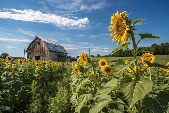 Rustic Wooden Barn Surrounded by Bright Yellow Sunflowers in Green Field Under Clear Blue Sky - Powered by Adobe