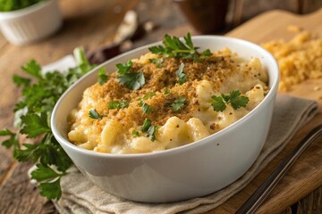 Creamy Baked Macaroni and Cheese with Breadcrumb Topping in White Bowl on Rustic Wooden Table