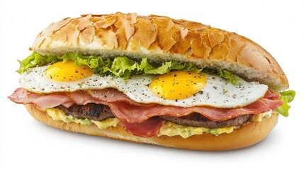 Uruguayan chivito, a sandwich loaded with steak, ham, cheese, lettuce, tomato, and fried egg.