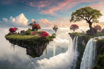 Floating Islands With Waterfalls Lush Trees And Vibrant Sky Above Clouds Magical Landscape Scene