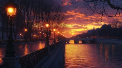 bridge in Paris at sunset, where street lamps glow softly, and the Seine reflects the warm hues of the sky.