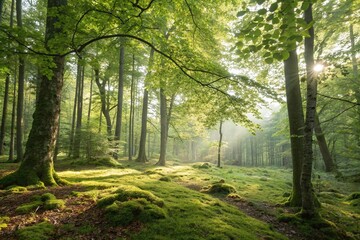 Fototapeta premium Sunlit Forest With Green Moss Covered Ground And Tall Trees In A Serene Natural Woodland Setting