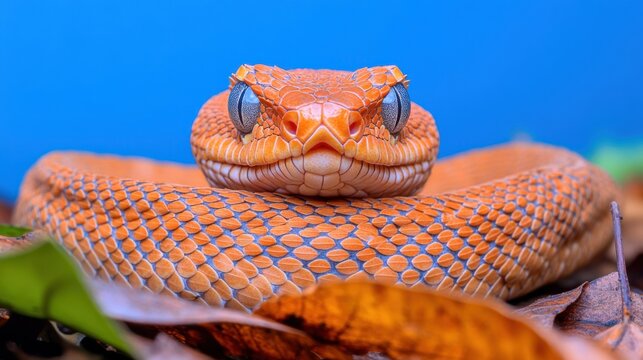 A striking close-up of a venomous gaboon viper lying in leaf litter, its intricate camouflage pattern blending seamlessly with the forest floor.