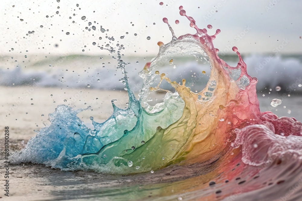 Poster vibrant splash of multicolored water waves with ocean background and droplets in motion