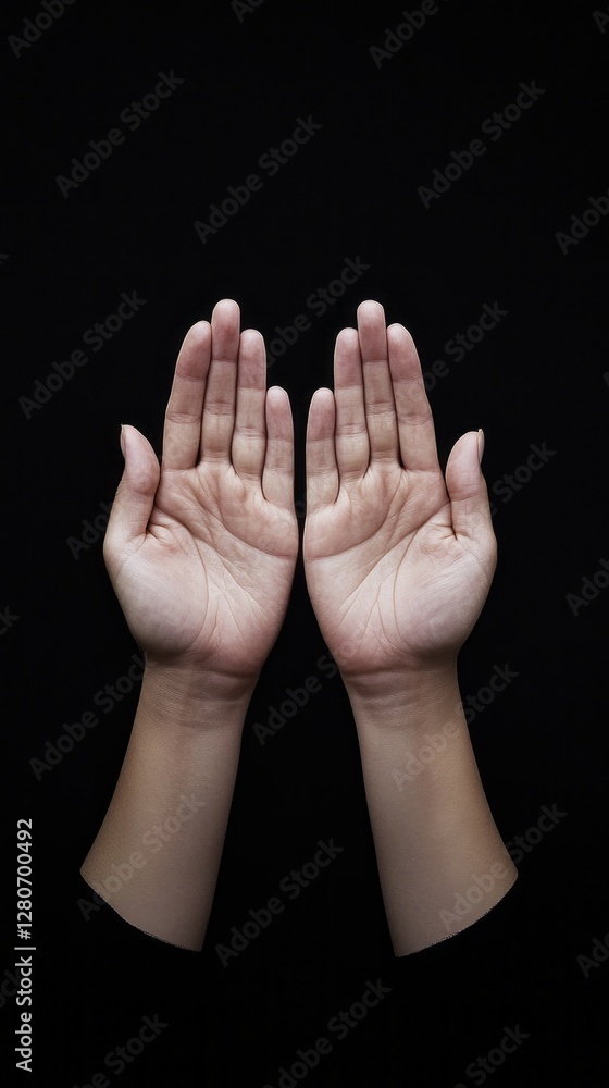 Poster Two open hands are positioned gracefully against a dark backdrop, inviting thoughts of connection and introspection. Fingers slightly spread convey a sense of openness and vulnerability