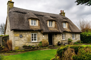Charming traditional Irish stone cottage with thatched roof from 1700s