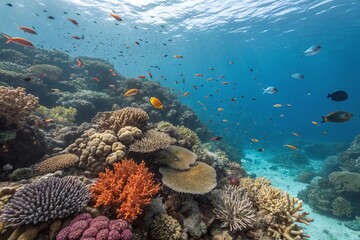 Naklejka premium Vibrant Coral Reef Underwater Scene with Colorful Fish in Clear Blue Ocean Water
