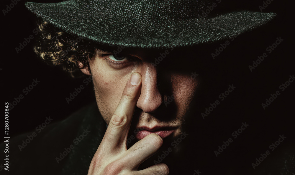 Poster exploring mystery and emotion through portraiture: a close-up of a thoughtful man in a hat creating 