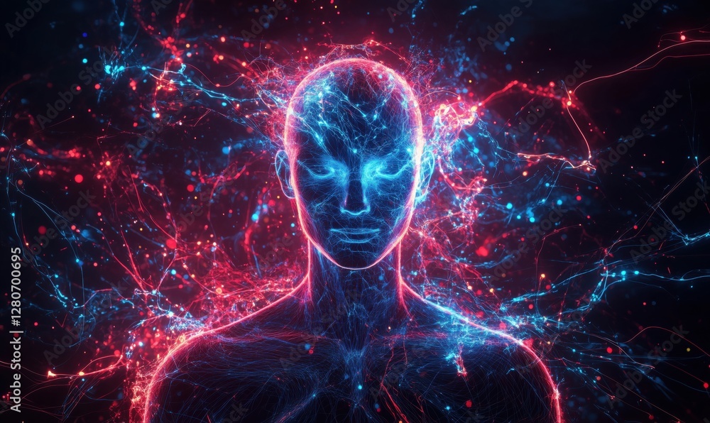 Poster abstract representation of human figure with glowing neural connections and energy patterns