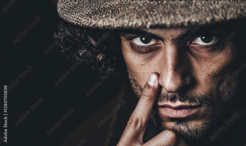 Poster captivating portrait of a mysterious individual highlighting intensity and emotion through deep expr
