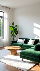 A living room with white walls and green couches.