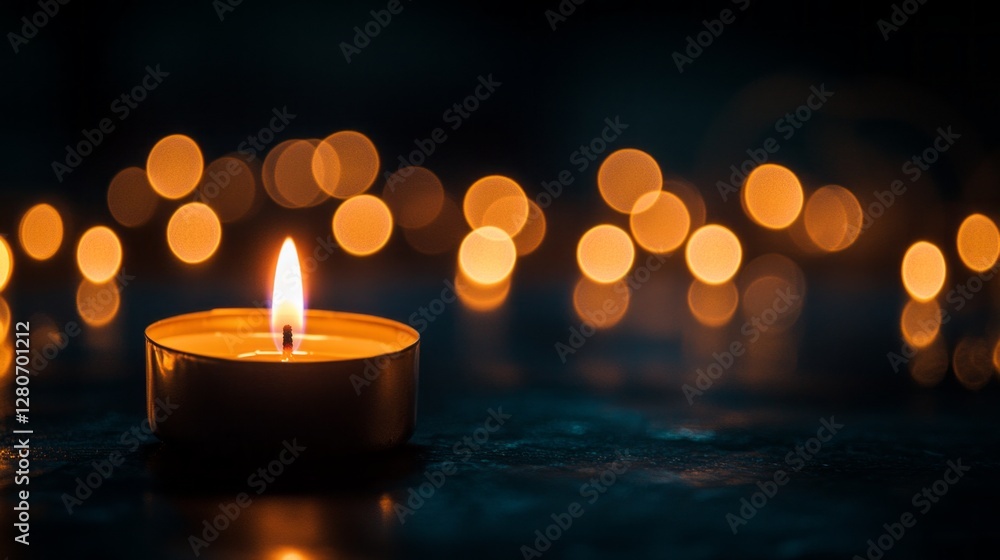 Poster in a tranquil setting, a solitary candle burns brightly, casting a warm glow in the surrounding dark