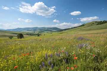 Vivid Wildflower Meadow in Rolling Green Hills Under Bright Blue Sky with White Clouds in Summer