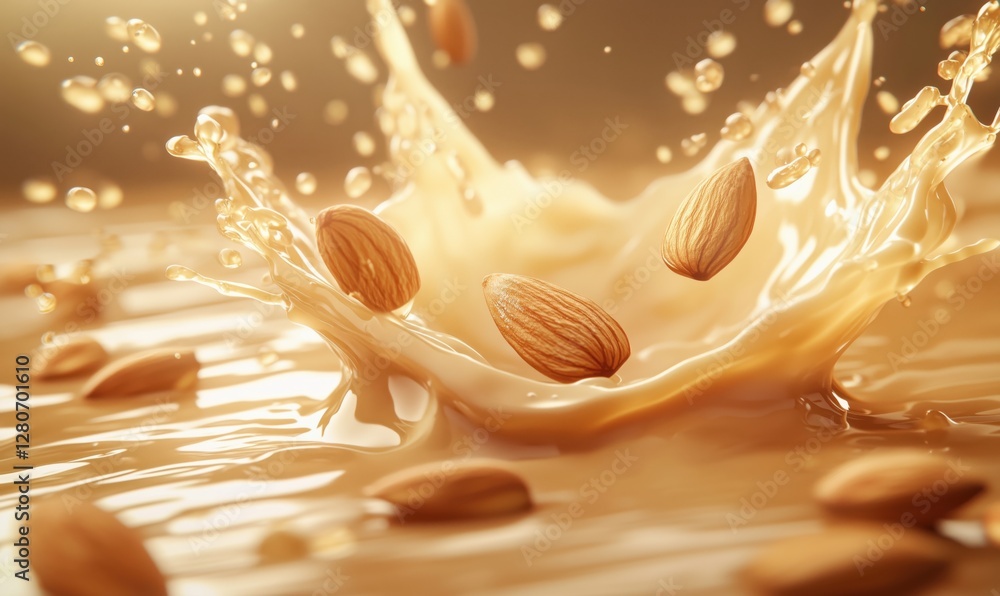 Poster almonds splashing in creamy liquid creating dynamic visual effect