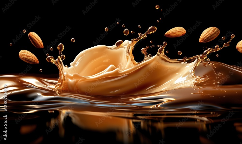 Poster almonds splashing in creamy liquid with dynamic motion and rich textures