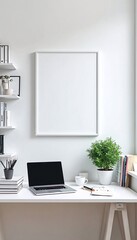Obraz premium A minimalist office space with a white desk and laptop, set against a plain white wall.