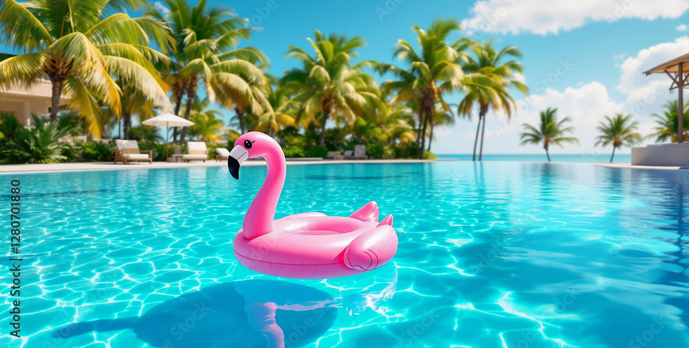 Poster a vibrant, sunlit pool surrounded by lush palm trees, with a pink flamingo floating in the water, it