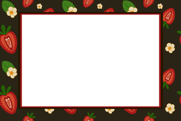 A frame of stylized halved strawberries, leaves, and cream flowers on a deep brown background with a blank white rectangular space in the middle.