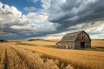 Rural Barn Amidst Golden Wheat Fields Under Dramatic Cloudy Blue Sky in Countryside Landscape