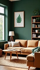 Fototapeta premium A living room with dark green walls and light brown furniture.
