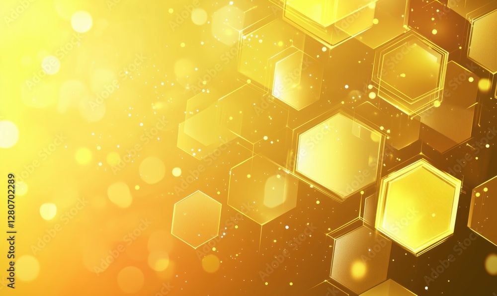 Poster golden hexagonal shapes with sparkling light effects in a vibrant background