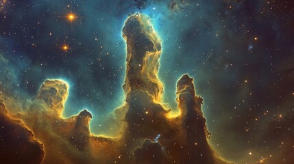 Obraz premium wonderland featuring the Pillars of Creation, their towering forms glowing with the light of newborn stars.
