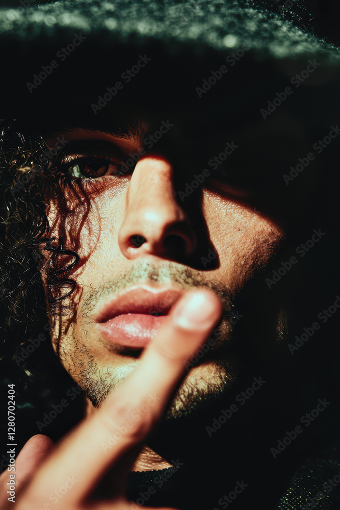 Aufkleber exploring intensity in portraiture: a dramatic close-up capturing emotion and style with striking li