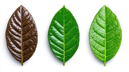 Trio of unique leaf varieties displaying different shapes, colors, and textures on a light background for natural inspiration