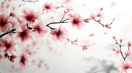 A serene depiction of cherry blossoms in soft pink hues against a light background.