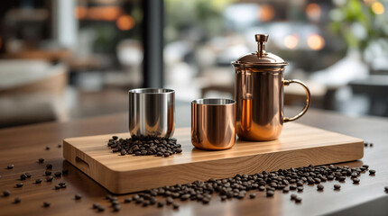 A wooden cutting board atop a table, upon which are two copper mugs and a glass container filled with coffee beans. The beans are scattered around the board, and the background is slightly blurred, su