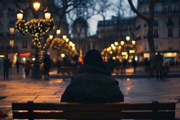 Obraz premium A man sits on a bench in the evening city