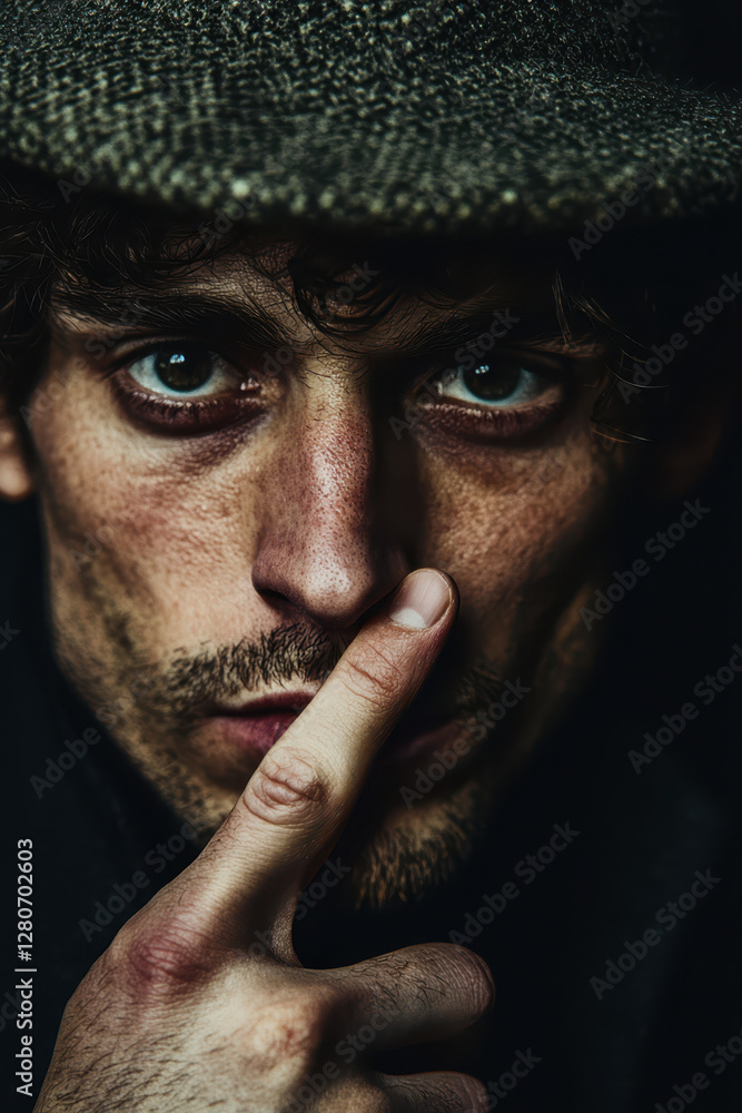 Poster captivating portrait of a man demonstrating intriguing expression and silence, evoking depth of emot