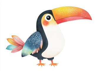 Watercolor illustration of a colorful toucan with a playful cartoon design