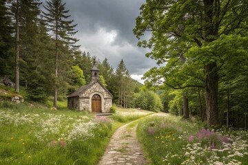 Obraz premium Stone Chapel in Green Forest with Pathway Surrounded by Wildflowers Under Cloudy Sky