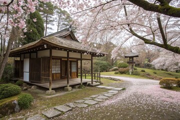 Traditional Japanese Teahouse with Cherry Blossom Trees in Serene Garden Setting with Stone Pathway