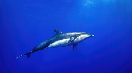 Omura's whale gracefully swimming in deep blue ocean waters, sunlight filtering through the surface