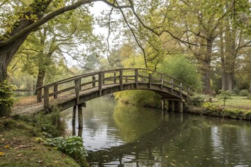 Rustic Wooden Bridge Over Serene Forest River Surrounded By Lush Green Trees In Peaceful Nature Scene