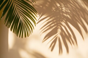 Fototapeta premium palm leaves shadow on a beige room wall, aesthetic composition 