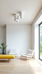 A modern living room with white walls and light-colored wood floors, featuring a yellow bench under a window, two chairs, and a plant.