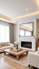 Fototapeta premium the image is a collection of two photographs, one showing an interior room with white walls and ceiling, and another showcasing a living room with a fireplace.