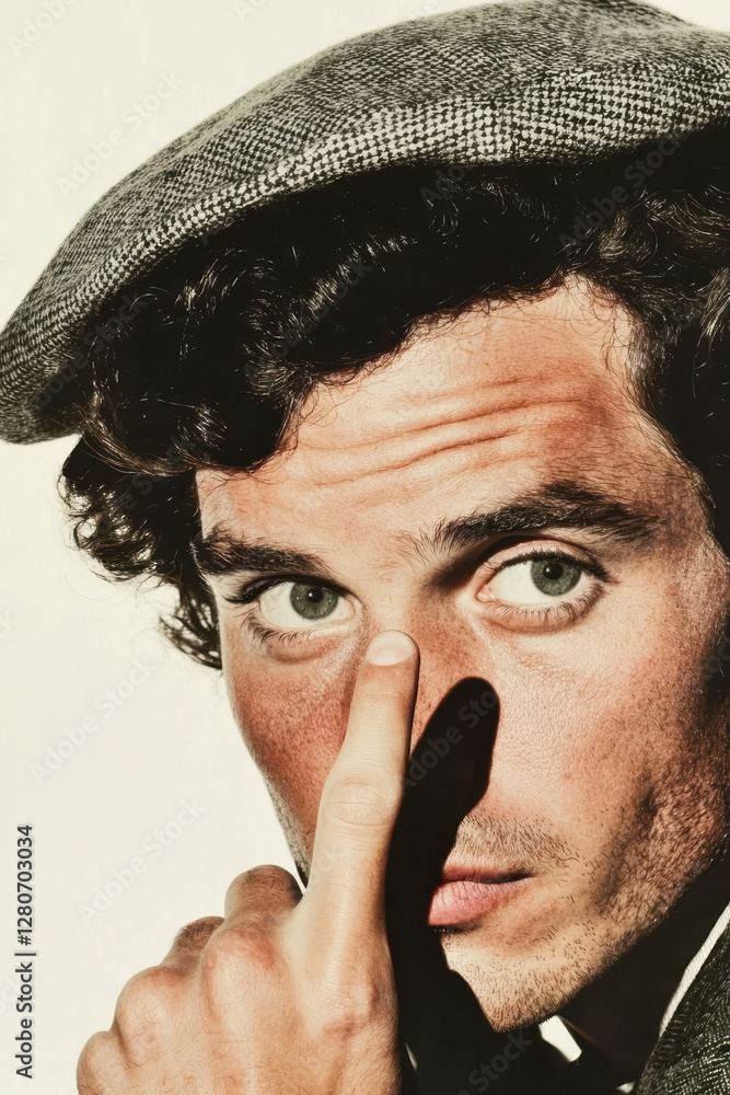 Poster captivating portrait of an individual expressing unique style and charisma with an intriguing gestur