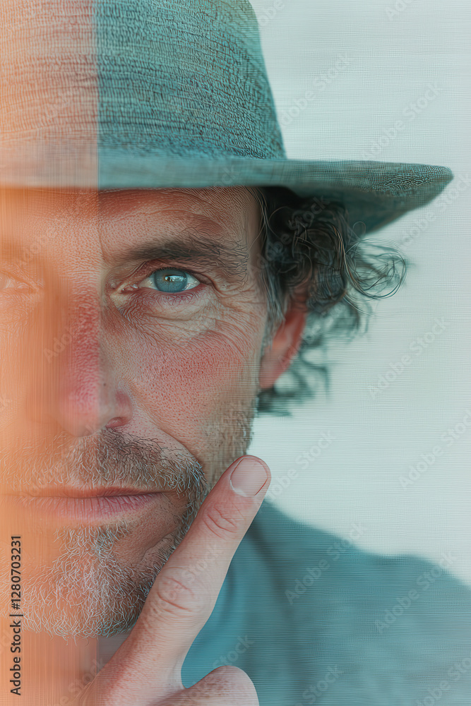 Poster captivating portrait of a thoughtful individual emphasizing expression and depth, showcasing unique 