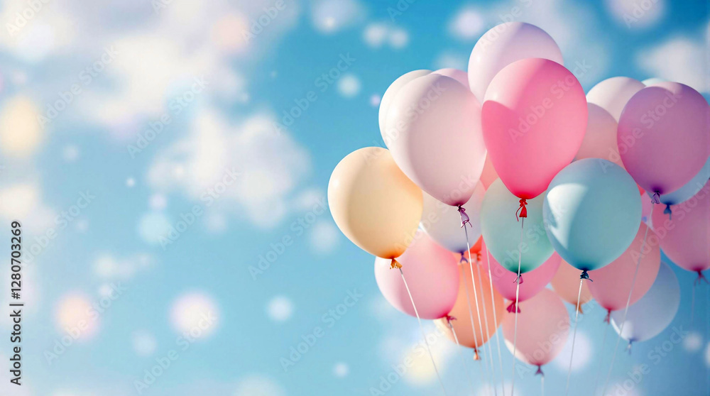 Poster a vibrant sky filled with a cluster of pastel-colored balloons, each with a unique hue ranging from 