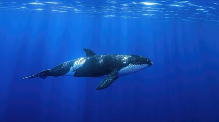 Fototapeta premium Omura's whale traveling alone in the vastness of the open ocean, endless blue surroundings