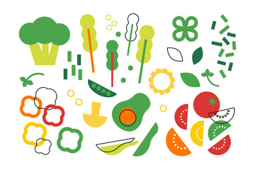 Abstract green veggies set. Minimal flat vector illustration with fresh vegetables, leaves. Salad. Greens icon set. Food background for poster, banner, bar menu, print. Go vegan. Healthy food concept