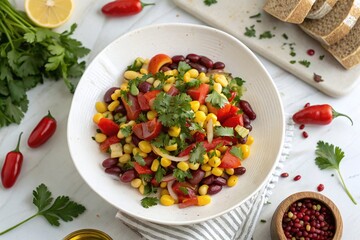Fresh Vegetable and Bean Salad with Corn Cilantro and Tomatoes on Marble Surface with Bread and Herbs