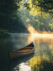 Fototapeta premium tranquil lakeside scene with canoe surrounded by lush greenery and mist. soft morning light creates serene atmosphere, perfect for relaxation and reflection