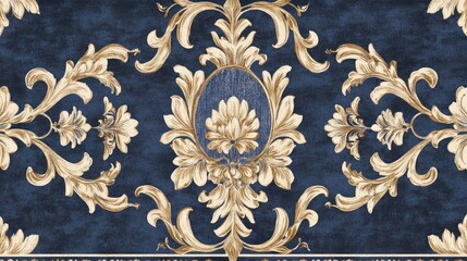 Ornate damask pattern in deep blue and gold, luxurious classic background